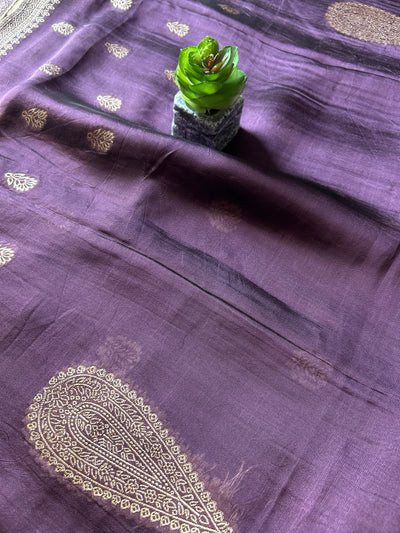 ANGOORI: MAUVE,PARTY WEAR BANARASI SILK CHANDERI 3 PIECE SUIT SET