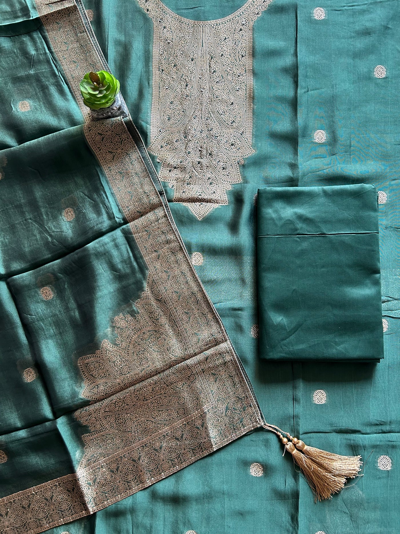 HARIYALI: BOTTLE GREEN,PARTY WEAR BANARASI SILK CHANDERI 3 PIECE SUIT SET