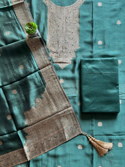 HARIYALI: BOTTLE GREEN,PARTY WEAR BANARASI SILK CHANDERI 3 PIECE SUIT SET