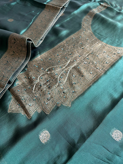 HARIYALI: BOTTLE GREEN,PARTY WEAR BANARASI SILK CHANDERI 3 PIECE SUIT SET