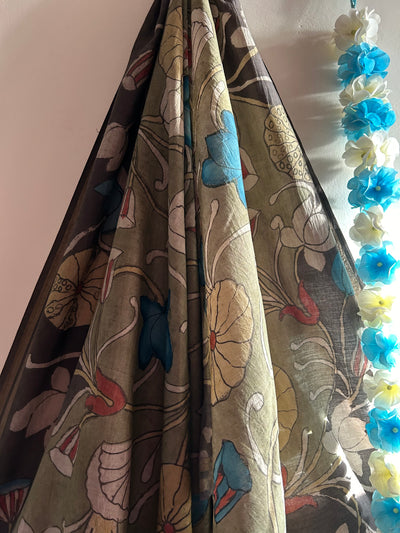 CHAMPA :Hand-drawn & Hand- Painted  Penkalamkari chanderi dupatta