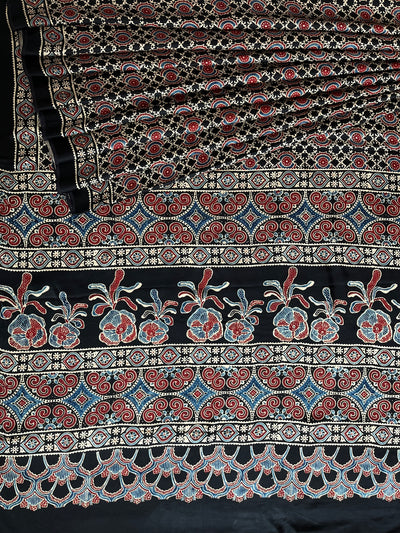 Roshandani: CREAM,HANDBLOCK AJRAKH MODAL SILK SAREE