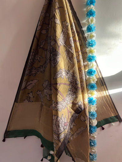 TULSI :Hand-drawn & Hand- Painted  Penkalamkari chanderi dupatta