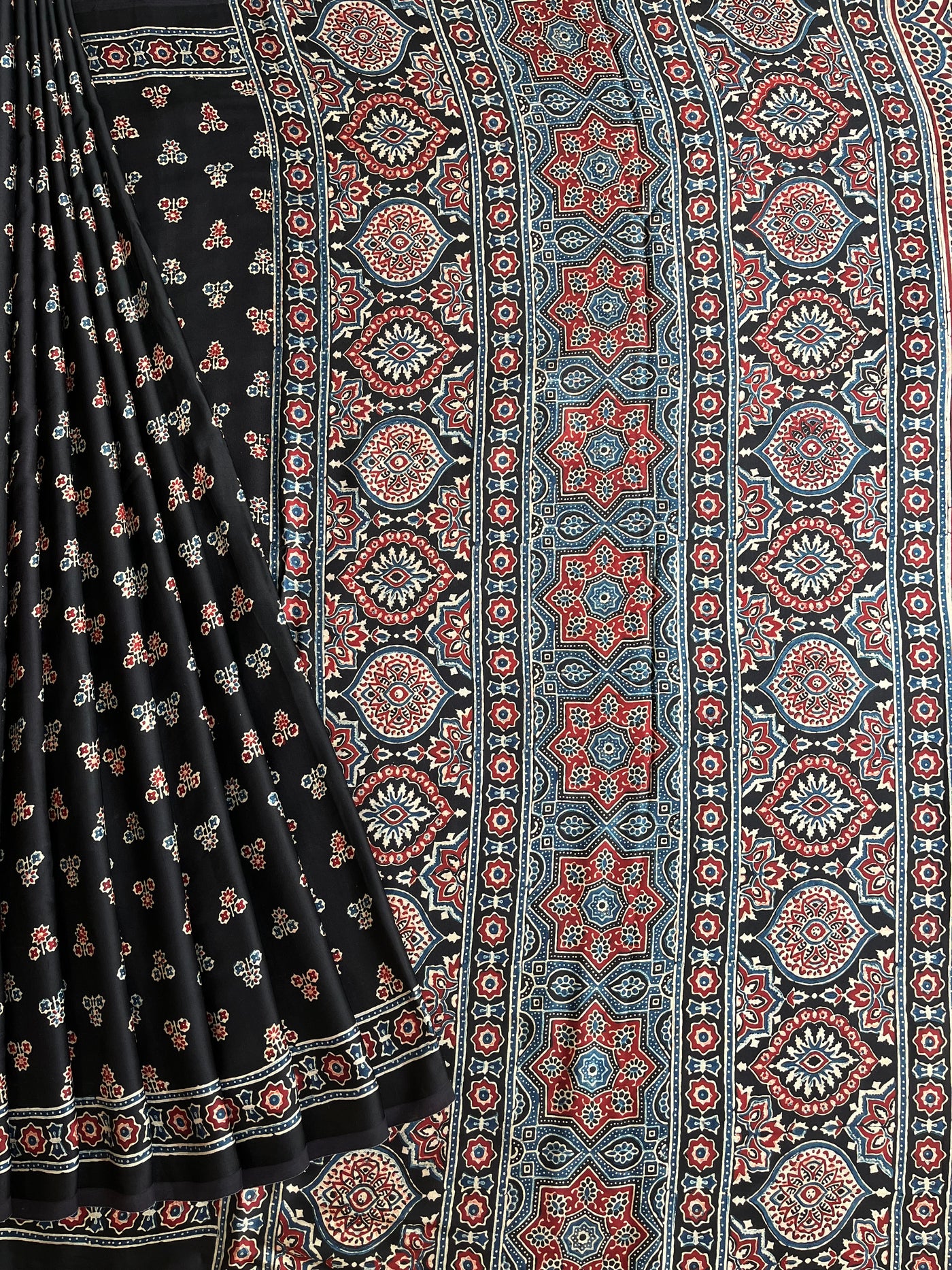 Sunhari : HANDBLOCK AJRAKH MODAL SILK SAREE