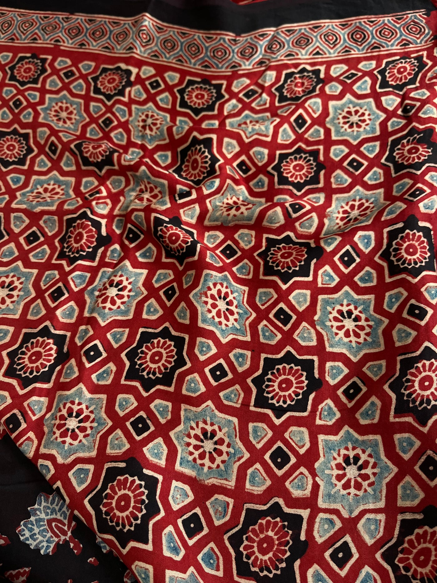 SWASTIKA: HAND BLOCK AJRAKH MODAL SILK SAREE
