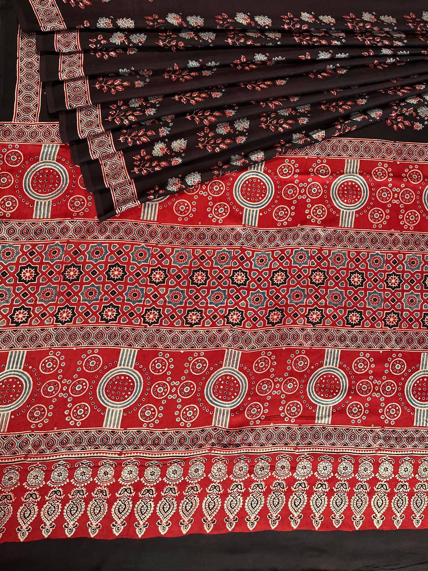 SWASTIKA: HAND BLOCK AJRAKH MODAL SILK SAREE