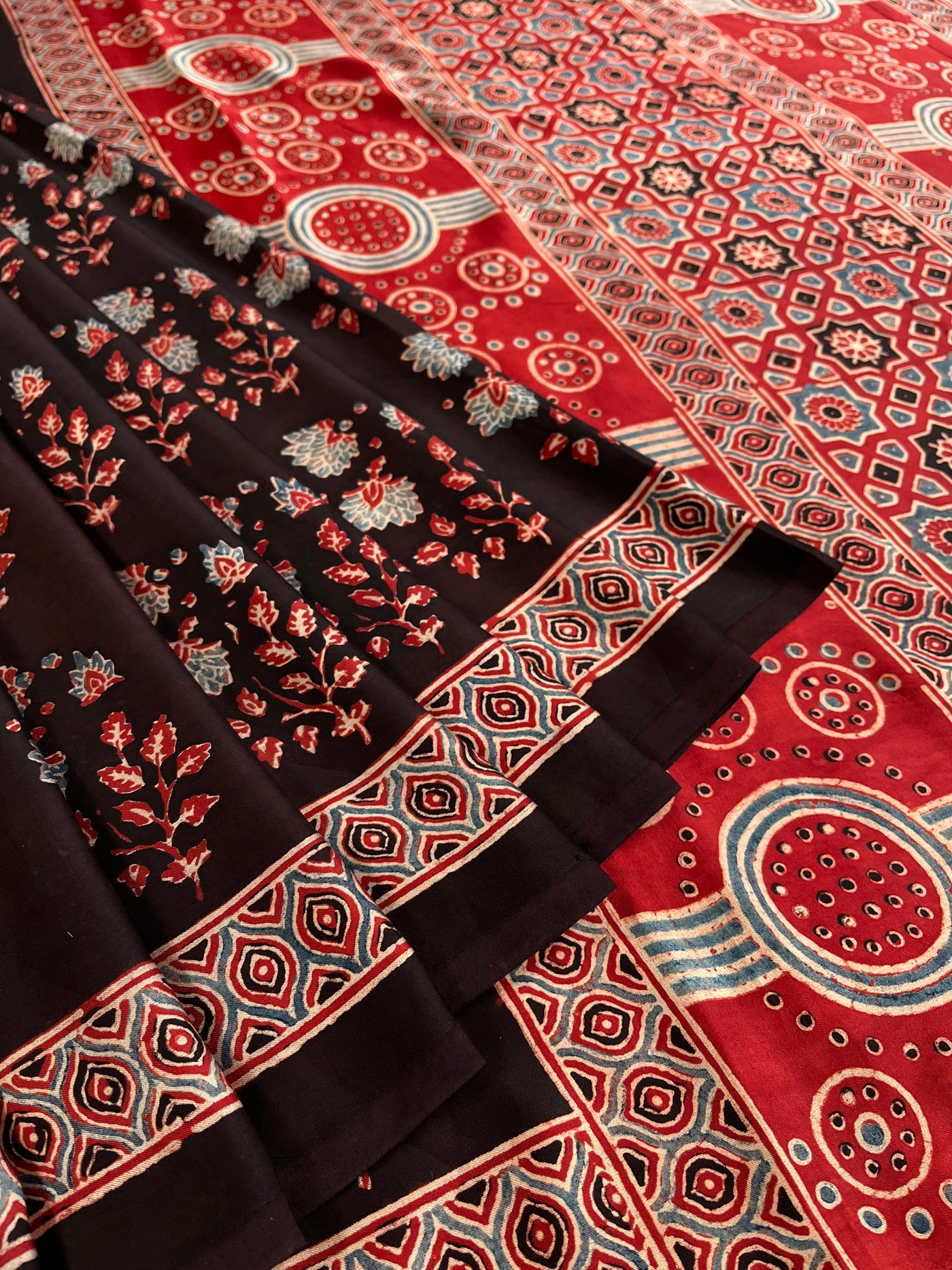 SWASTIKA: HAND BLOCK AJRAKH MODAL SILK SAREE