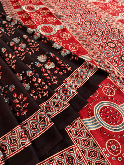 SWASTIKA: HAND BLOCK AJRAKH MODAL SILK SAREE