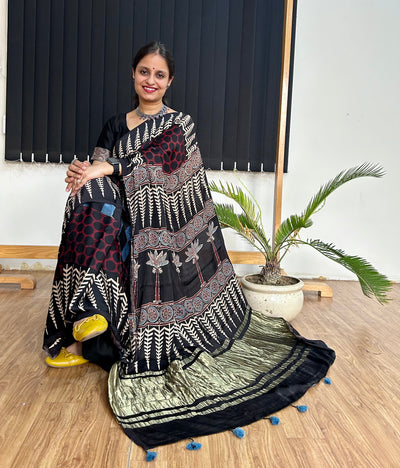 MASAKALI: Handblock Modal Silk Tissue Ajrakh Saree