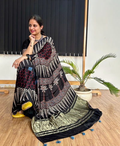 MASAKALI: Handblock Modal Silk Tissue Ajrakh Saree