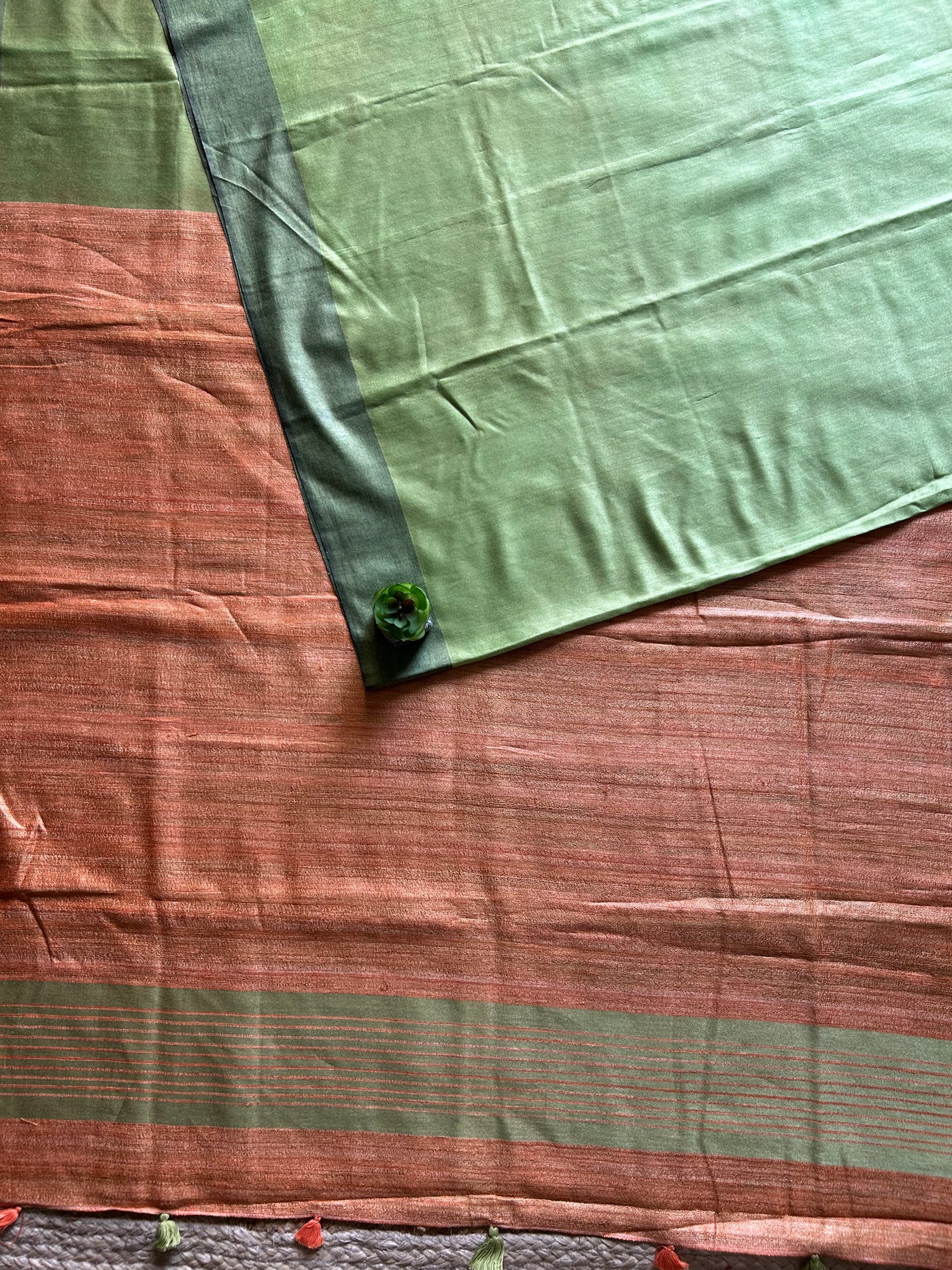 MRIDULA: SAGE GREEN,HANDLOOM PURE TUSSAR STAPLE SAREE WITH GHICHA PALLU.