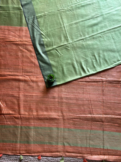 MRIDULA: SAGE GREEN,HANDLOOM PURE TUSSAR STAPLE SAREE WITH GHICHA PALLU.