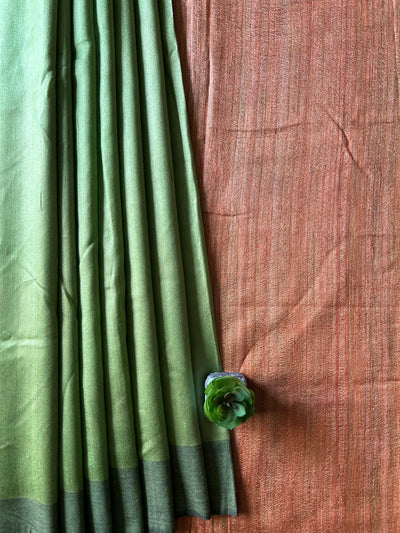 MRIDULA: SAGE GREEN,HANDLOOM PURE TUSSAR STAPLE SAREE WITH GHICHA PALLU.