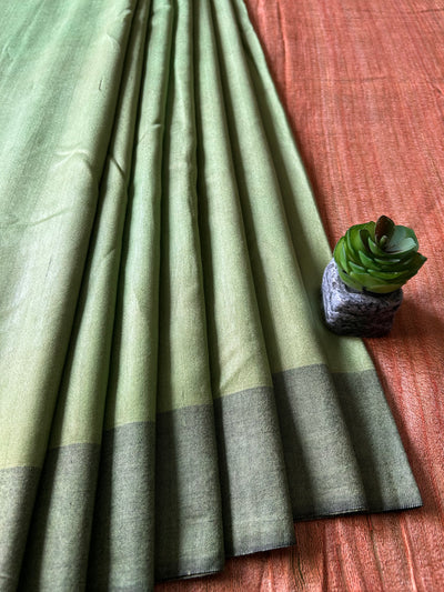 MRIDULA: SAGE GREEN,HANDLOOM PURE TUSSAR STAPLE SAREE WITH GHICHA PALLU.