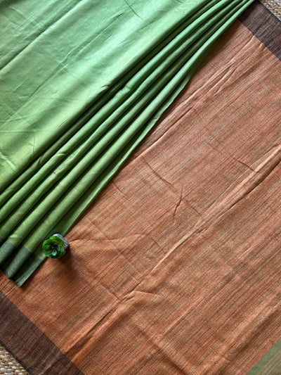 MRIDULA: SAGE GREEN,HANDLOOM PURE TUSSAR STAPLE SAREE WITH GHICHA PALLU.