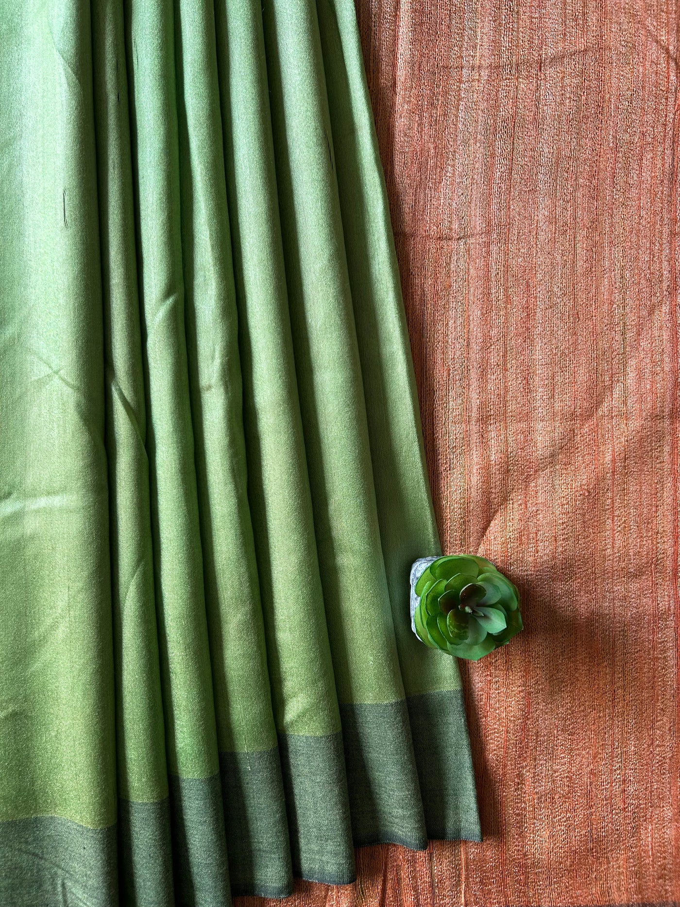 MRIDULA: SAGE GREEN,HANDLOOM PURE TUSSAR STAPLE SAREE WITH GHICHA PALLU.