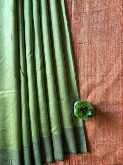MRIDULA: SAGE GREEN,HANDLOOM PURE TUSSAR STAPLE SAREE WITH GHICHA PALLU.