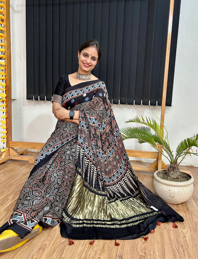 Sparkling stars: Handblock Modal Silk Tissue Ajrakh Saree