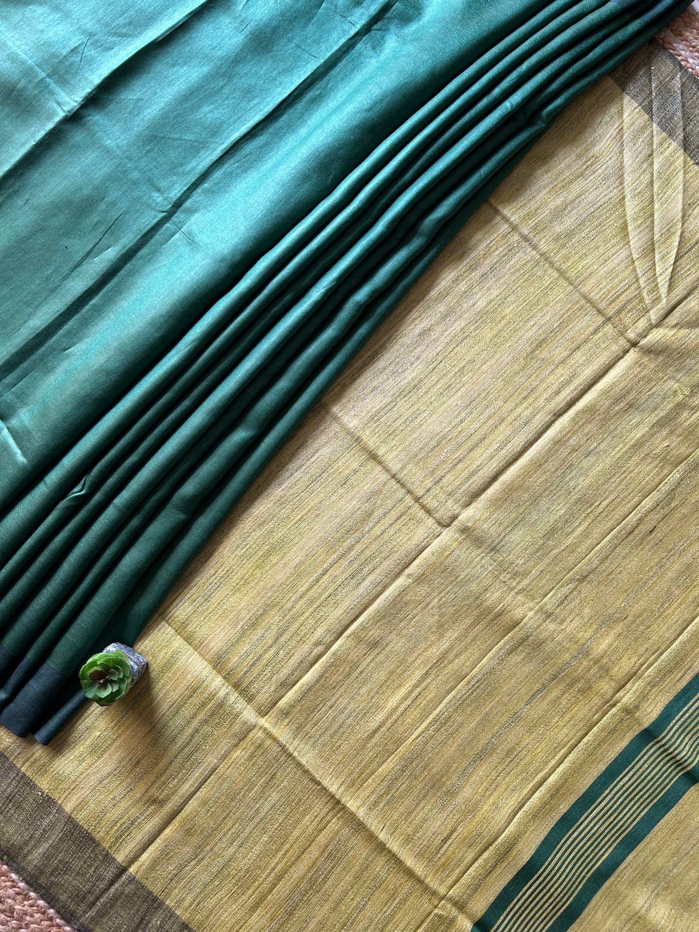 NEELKANTH: TEAL GREEN,HANDLOOM PURE TUSSAR STAPLE SAREE WITH GHICHA PALLU.