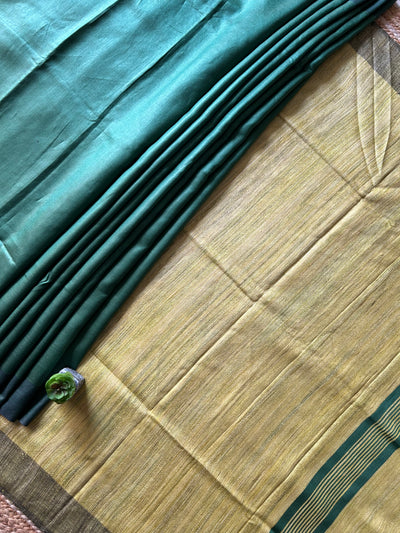 NEELKANTH: TEAL GREEN,HANDLOOM PURE TUSSAR STAPLE SAREE WITH GHICHA PALLU.