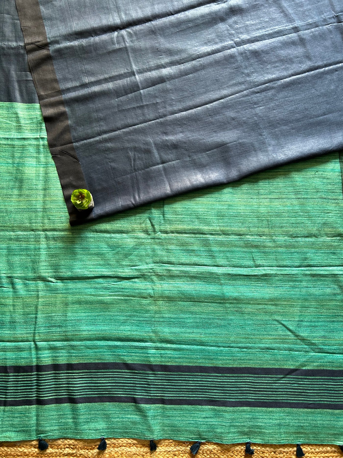 MAYUR:NIGHT BLUE:,HANDLOOM PURE TUSSAR STAPLE SAREE WITH GHICHA PALLU.