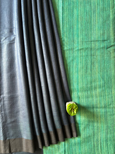 MAYUR:NIGHT BLUE:,HANDLOOM PURE TUSSAR STAPLE SAREE WITH GHICHA PALLU.