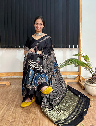 Star's in my hand: Handblock Modal Silk Tissue Ajrakh Saree
