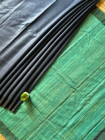 MAYUR:NIGHT BLUE:,HANDLOOM PURE TUSSAR STAPLE SAREE WITH GHICHA PALLU.