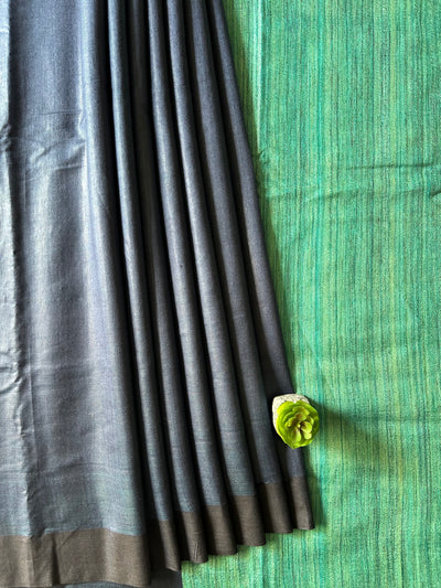 MAYUR:NIGHT BLUE:,HANDLOOM PURE TUSSAR STAPLE SAREE WITH GHICHA PALLU.