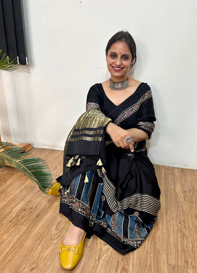 Star's in my hand: Handblock Modal Silk Tissue Ajrakh Saree