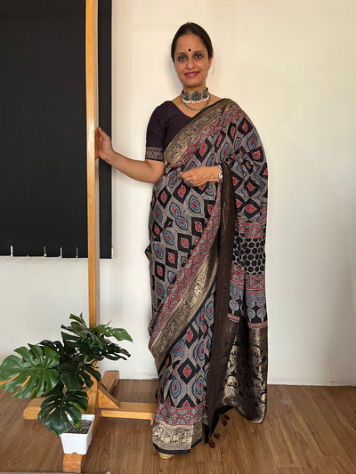 EKANSHI: Handblock Ajrakh Dola Silk Saree with Meenakari Pallu