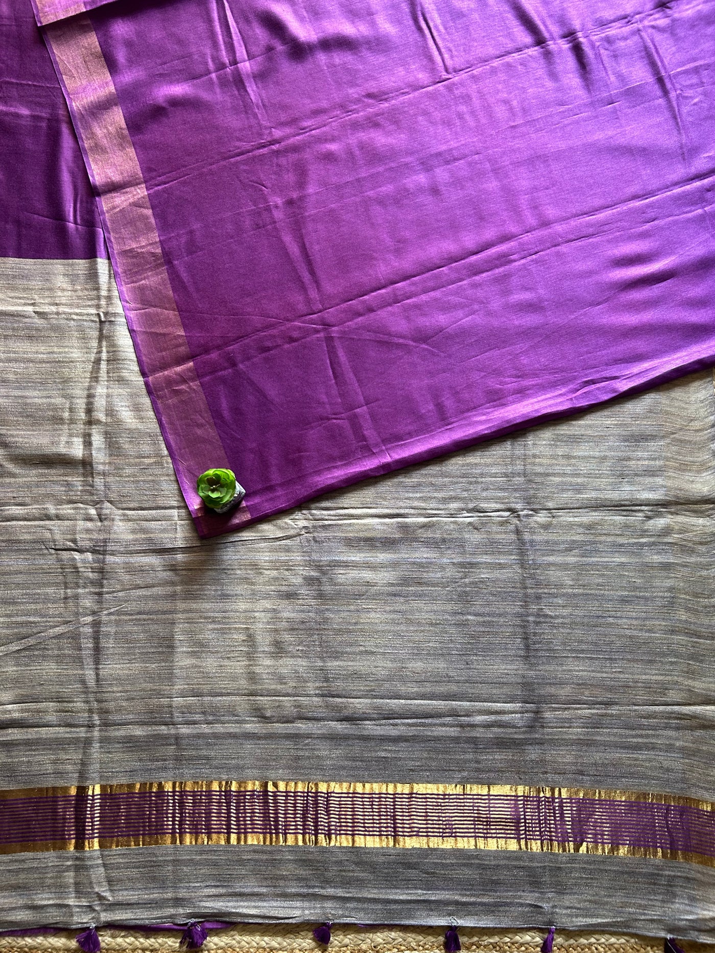 KUMUDINI:ROYAL PURPLE,HANDLOOM PURE TUSSAR STAPLE SAREE WITH GHICHA PALLU.