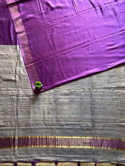 KUMUDINI:ROYAL PURPLE,HANDLOOM PURE TUSSAR STAPLE SAREE WITH GHICHA PALLU.