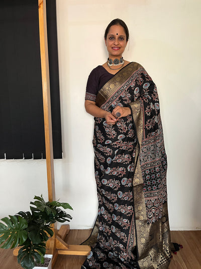 YUVIKA: Handblock Ajrakh Dola Silk Saree with Meenakari Pallu
