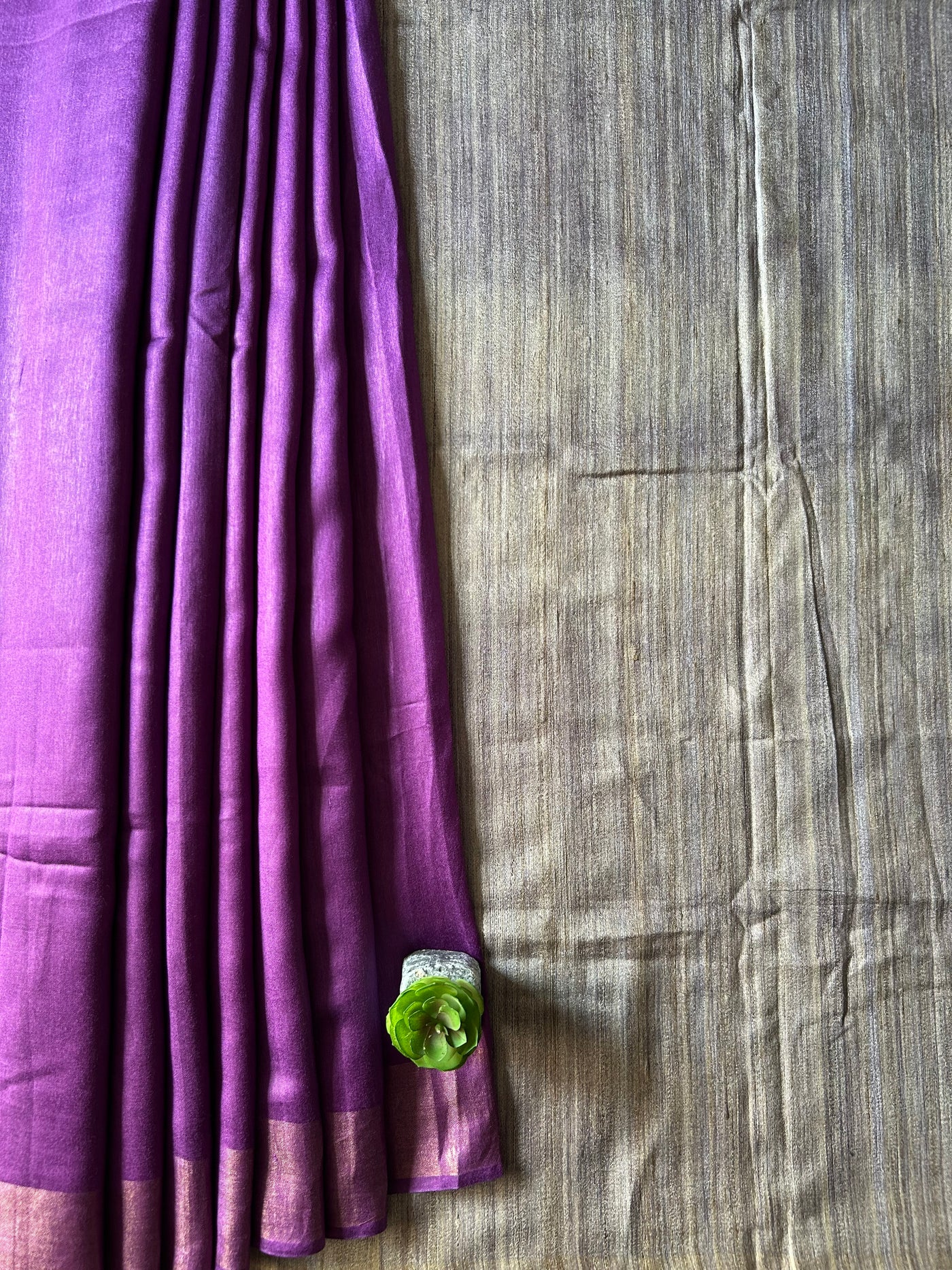 KUMUDINI:ROYAL PURPLE,HANDLOOM PURE TUSSAR STAPLE SAREE WITH GHICHA PALLU.