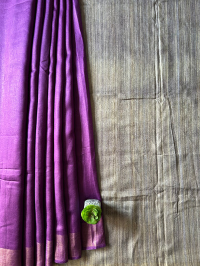 KUMUDINI:ROYAL PURPLE,HANDLOOM PURE TUSSAR STAPLE SAREE WITH GHICHA PALLU.