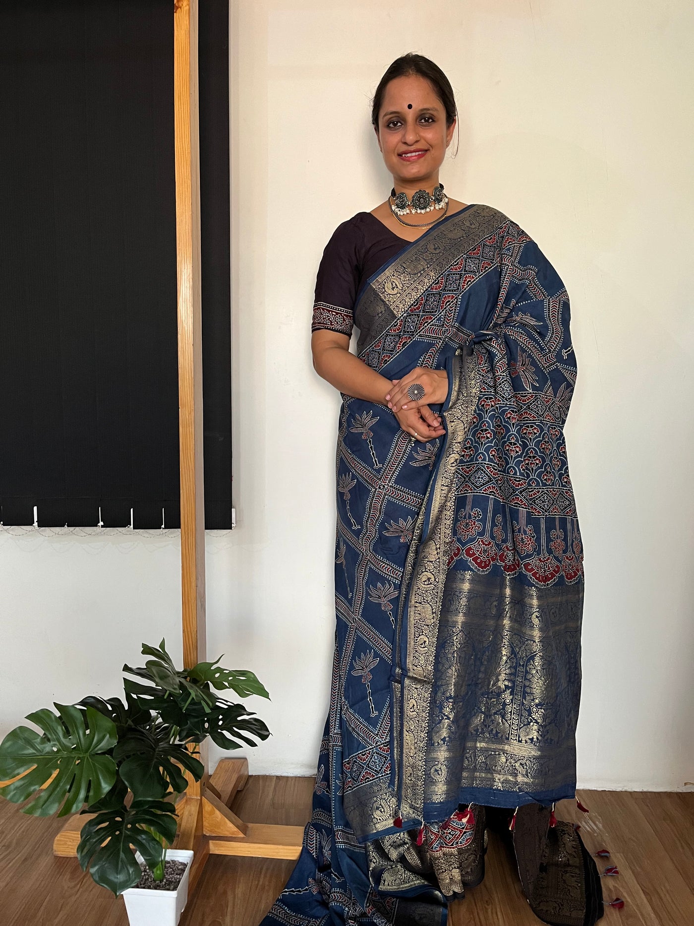RASHMIKA: Handblock Ajrakh Dola Silk Saree with Meenakari Pallu