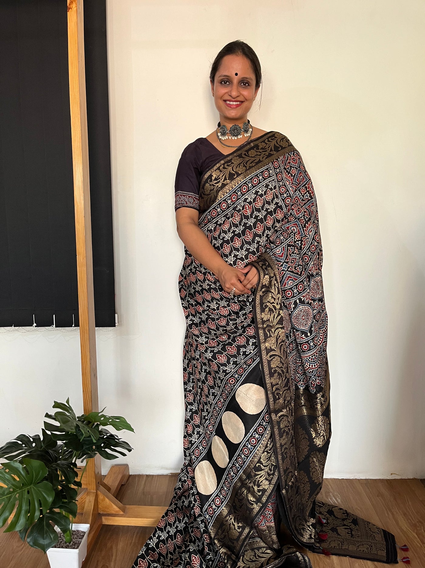 RUPALI: Handblock Ajrakh Dola Silk Saree with Meenakari Pallu