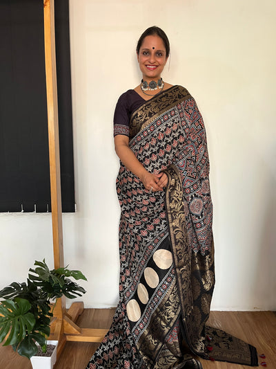 RUPALI: Handblock Ajrakh Dola Silk Saree with Meenakari Pallu