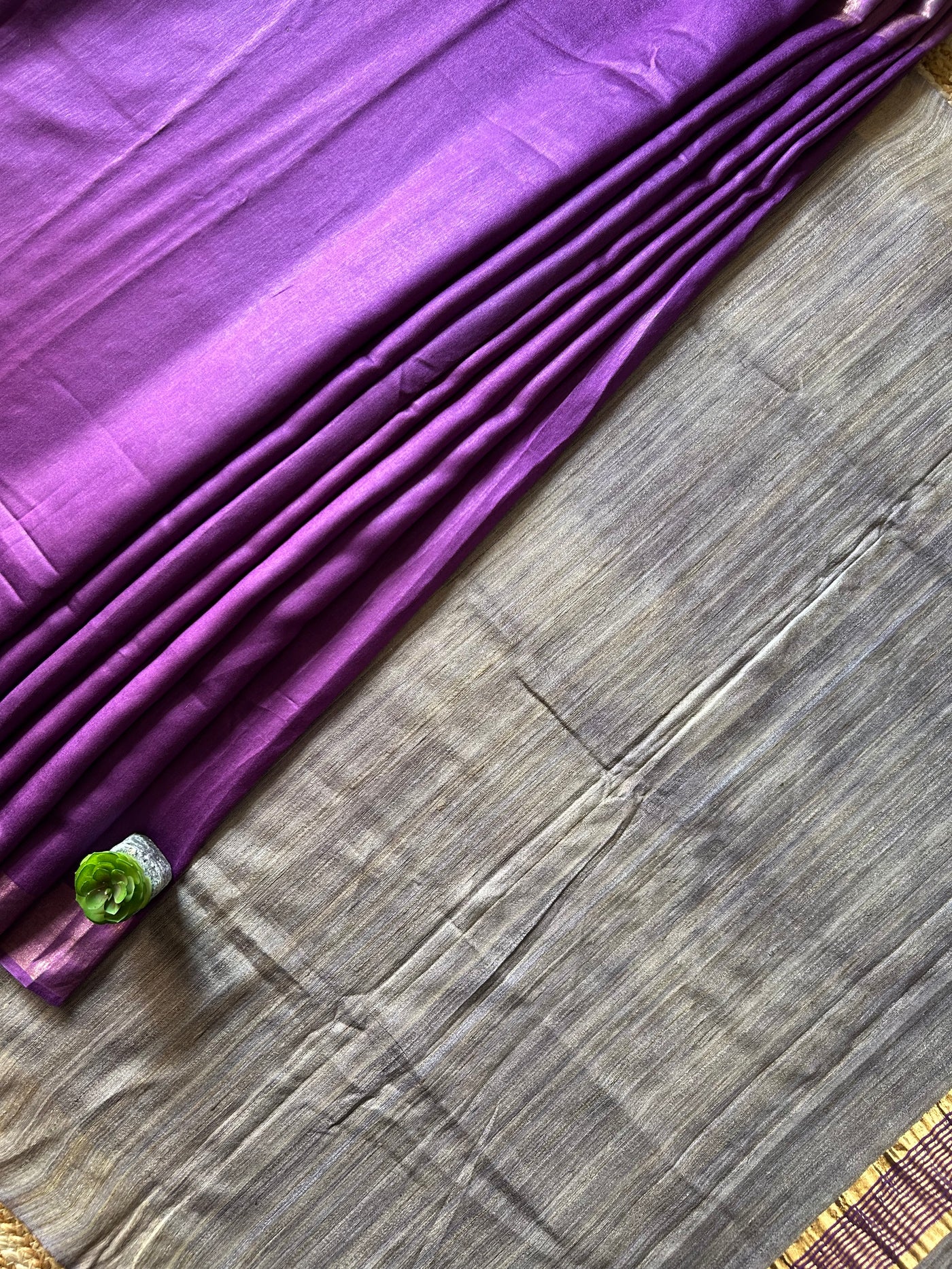 KUMUDINI:ROYAL PURPLE,HANDLOOM PURE TUSSAR STAPLE SAREE WITH GHICHA PALLU.