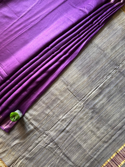 KUMUDINI:ROYAL PURPLE,HANDLOOM PURE TUSSAR STAPLE SAREE WITH GHICHA PALLU.