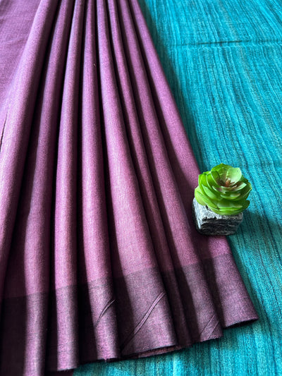 RAAG-MALINI:PLUM PURPLE,HANDLOOM PURE TUSSAR STAPLE SAREE WITH GHICHA PALLU.