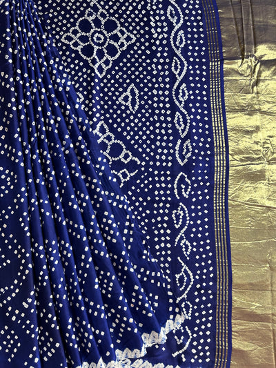 Nalini: BLUE,HANDMADE BANDHANI MODAL SILK SAREE WITH TISSUE PALLU