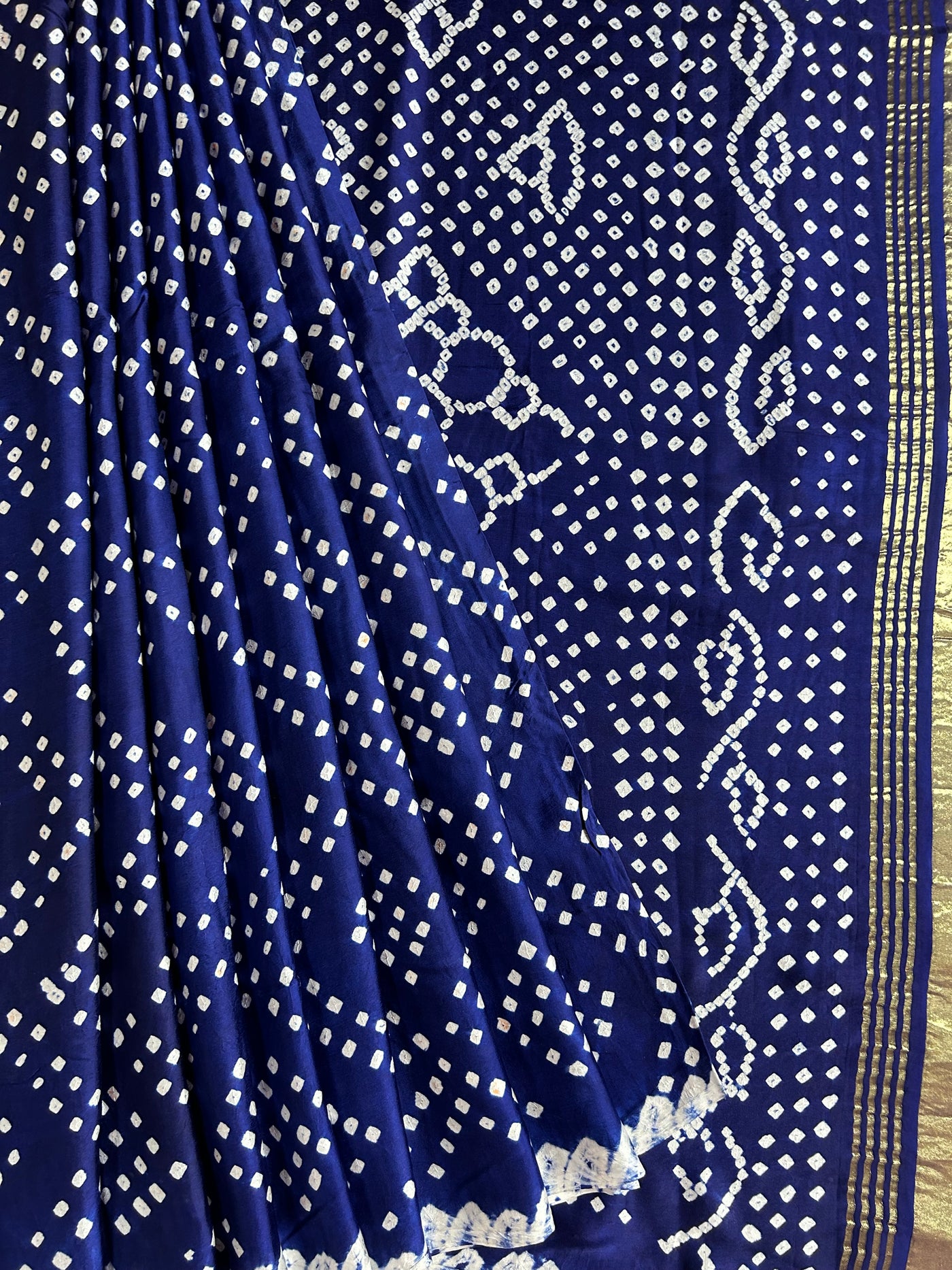 Nalini: BLUE,HANDMADE BANDHANI MODAL SILK SAREE WITH TISSUE PALLU