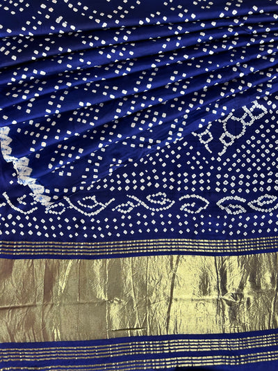 Nalini: BLUE,HANDMADE BANDHANI MODAL SILK SAREE WITH TISSUE PALLU