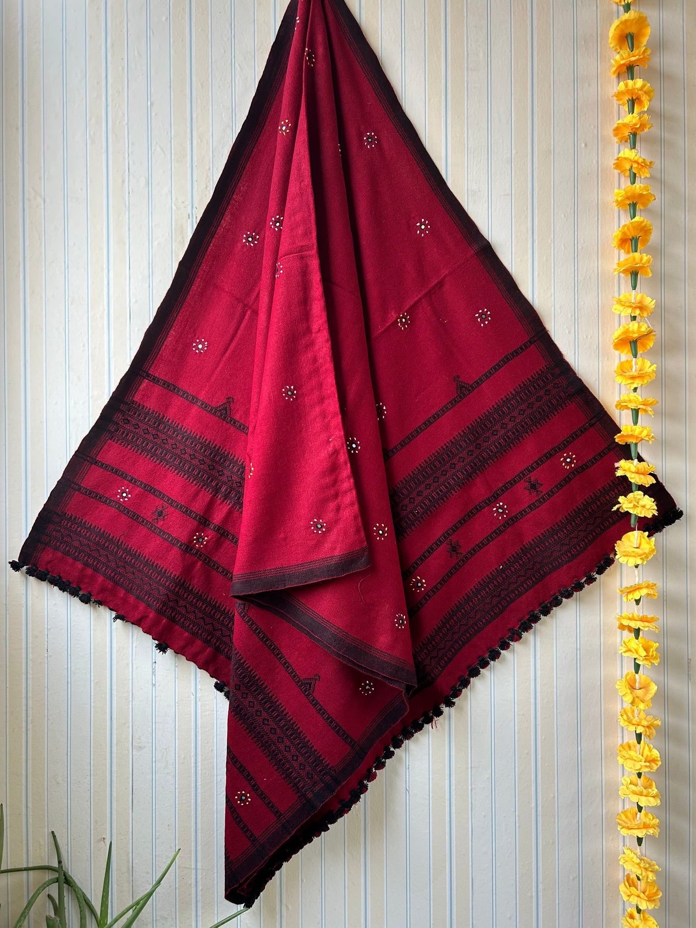 Crimson red: HANDLOOM BHUJODI SHAWL WITH KUTCHI MIRROR WORK