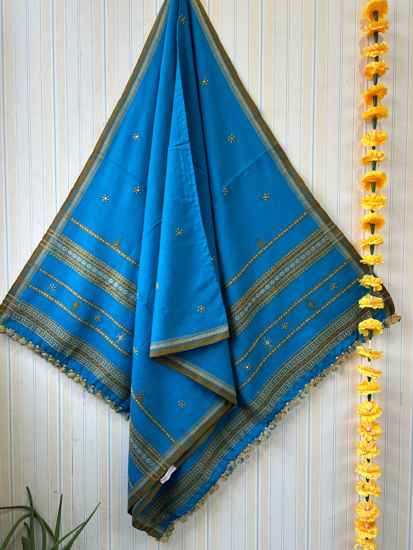 Ocean Blue:HANDLOOM BHUJODI SHAWL WITH KUTCHI MIRROR WORK