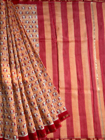 CUTE ELY: HANDBLOCK BAGRU PRINT CHANDERI SILK-COTT SAREE WITH ZARI BORDER.