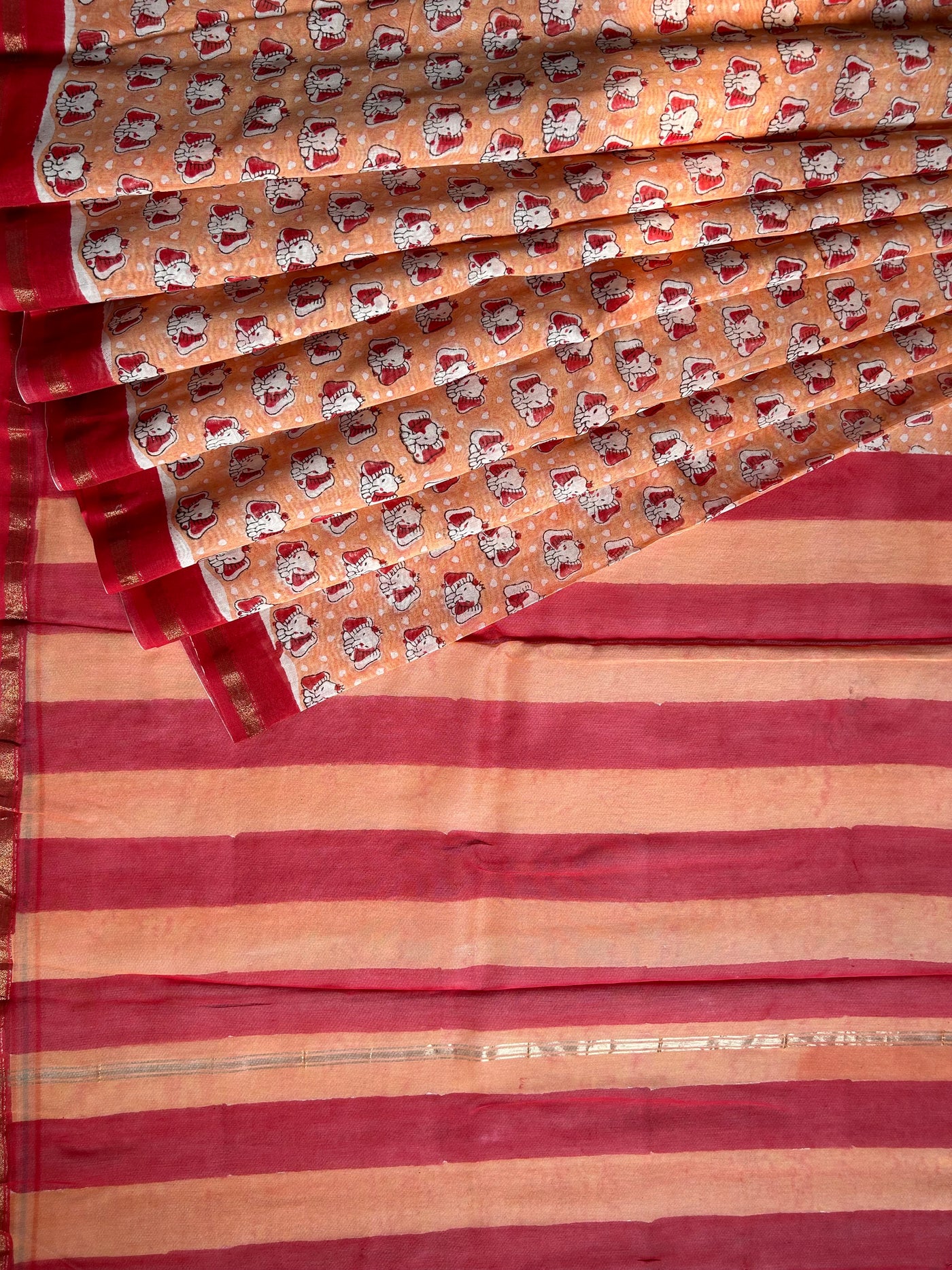 CUTE ELY: HANDBLOCK BAGRU PRINT CHANDERI SILK-COTT SAREE WITH ZARI BORDER.