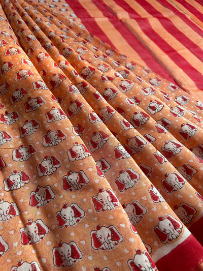 CUTE ELY: HANDBLOCK BAGRU PRINT CHANDERI SILK-COTT SAREE WITH ZARI BORDER.